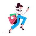 Happy young shopping woman in trousers and high heels running with bags and looks into the phone, concept of sale, bestseller,