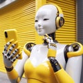 happy young smiling female robot or android dressed in canary yellow using phone