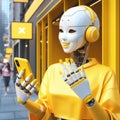 happy young smiling female robot or android dressed in canary yellow using phone