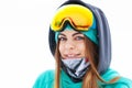 Happy young snowboarder girl in snowboard goggles Royalty Free Stock Photo