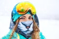 Happy young snowboarder girl in snowboard goggles. Royalty Free Stock Photo