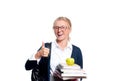 Happy young student girl holding books. Back to school