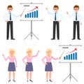 Happy, young, successful office manager vector. Man and woman worker making presentation, report, good results cartoon character Royalty Free Stock Photo