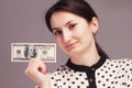 Happy young sucessful woman showing money Happy, self-sufficien Royalty Free Stock Photo