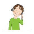 Happy young teenage boy listening to music with headphones on his ears, smiling happily - original hand drawn illustration Royalty Free Stock Photo