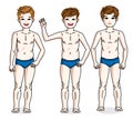 Happy young teenager boys posing in blue underwear. Vector kids