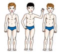 Happy young teenager boys posing in blue underwear. Vector kids