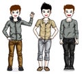 Happy young teenager boys posing in stylish casual clothes. Vector set of beautiful kids illustrations. Royalty Free Stock Photo