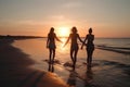 Happy young teens dancing at the beach at beautiful sunset, created with Generative AI technology