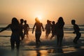 Happy young teens dancing at the beach at beautiful sunset, created with Generative AI technology