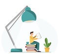 Happy young tiny man reading book under the lamp with a cup of coffee, hobbies concept, education concept