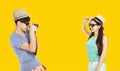Happy young tourist couple  taking  picture and enjoy summer vacation Royalty Free Stock Photo