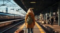 Happy young traveler woman with luggage waiting for train at train station platform. Generative AI Royalty Free Stock Photo