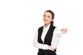 Young waitress in formal wear holding white gloves isolated on white