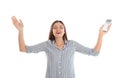 Happy young woman with air conditioner remote control Royalty Free Stock Photo