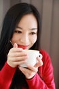 Happy young woman is under a blanket and cup of coffee on winter morning at home Royalty Free Stock Photo