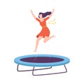 Happy Young Woman Bouncing on Garden Trampoline, Active Healthy Lifestyle, Summer Time Attraction Flat Style Vector Royalty Free Stock Photo