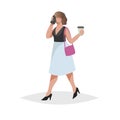 Happy young woman with brown hair talking smartphone and taking coffee-to-go. Flat modern trendy design style. Urban girl drawing.