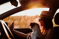 Happy young woman in a car with her dog at sunset. Taking a picture with mobile phone. Travel concept Royalty Free Stock Photo