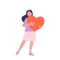 Happy young woman cartoon character holding huge heart falling in love feeling romantic emotion