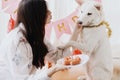 Happy young woman celebrating dog birthday with sausage cake and candle in room with pink garland Royalty Free Stock Photo