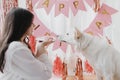 Happy young woman celebrating dog first birthday with donut and candle in room with pink decorations Royalty Free Stock Photo