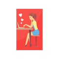 Happy young woman character sitting at the desk and sending love message. People finding love. Love chat. Flat vector on