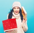 Happy young woman with Christmas present box Royalty Free Stock Photo