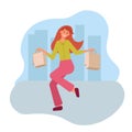 Happy young woman in city shopping. Girl smiles and jumps up with bags in her hands. Vector illustration in flat style