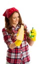 Happy young woman cleaning windows isolated over white vackground Royalty Free Stock Photo