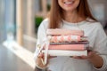 Happy young woman collecting the daily personal journal and notebooks from the stationary shop. Royalty Free Stock Photo