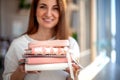 Happy young woman collecting the daily personal journal and notebooks from the stationary shop. Royalty Free Stock Photo