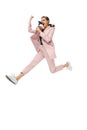 Happy young woman dancing in stylish clothes or suit, remaking legendary moves of celebrity from culture history