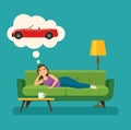 Happy young woman dreams of a car and lying on sofa isolated. Vector flat style illustration