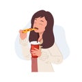 happy young woman eating pizza and holding a glass of soft drink in other hand. Fast food, junk food. Flat vector cartoon Royalty Free Stock Photo