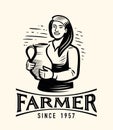 Happy young woman farmer or milkmaid with jug of fresh milk. Dairy, farm food and drink emblem. Vector illustration