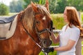 Happy young woman feeding her beautiful bay horse Royalty Free Stock Photo