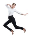 Happy young woman in formal wear jumping . Royalty Free Stock Photo