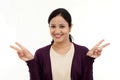 Happy young woman gesturing an open hands Royalty Free Stock Photo