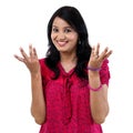 Happy young woman gesturing an open hands Royalty Free Stock Photo