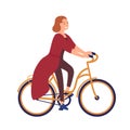 Happy young woman or girl dressed in casual clothes riding bike. Smiling female character on bicycle. Pedaling bicyclist Royalty Free Stock Photo