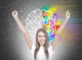 Happy young woman with hands in the air, brain Royalty Free Stock Photo