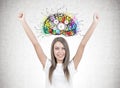 Happy young woman with hands in the air, cog brain Royalty Free Stock Photo