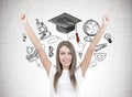 Happy young woman with hands in the air, education Royalty Free Stock Photo