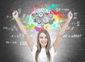 Happy young woman with hands in the air, science Royalty Free Stock Photo