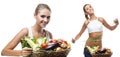 Happy young woman holding basket with vegetable. Concept vegetarian dieting - healthy food