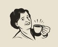 Happy young woman holding a cup of fresh coffee. Retro vector illustration