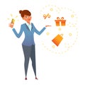 A happy young woman holding a gold credit card in hand. Cartoon character desingn. vector illustration.