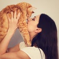 Happy young woman holding and hugging with love on the hands her red maine coon kitten and kissing. Closeup Royalty Free Stock Photo