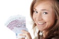 Happy young woman holding money Royalty Free Stock Photo